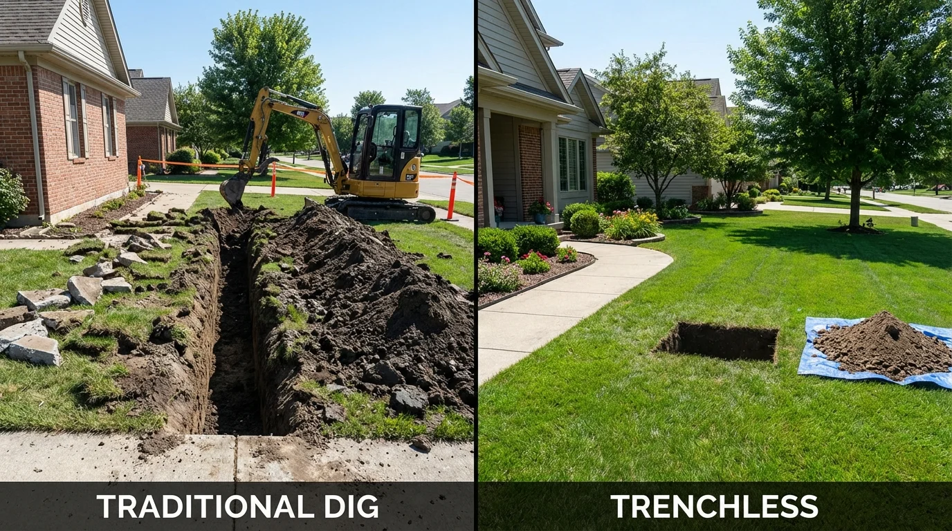 Trenchless sewer repair with minimal yard damage versus traditional excavation in Rome, IL