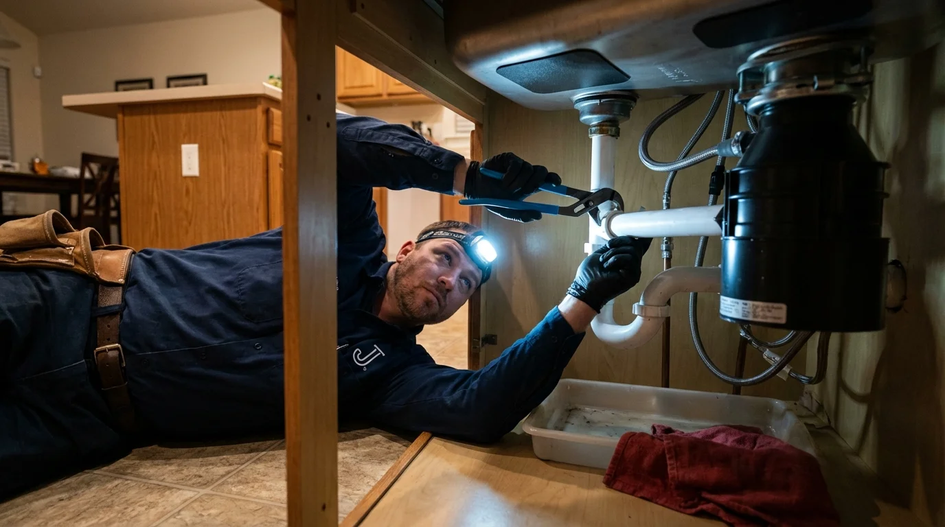 P-trap and supply line connections under a kitchen sink showing a common leak point in Rome, IL